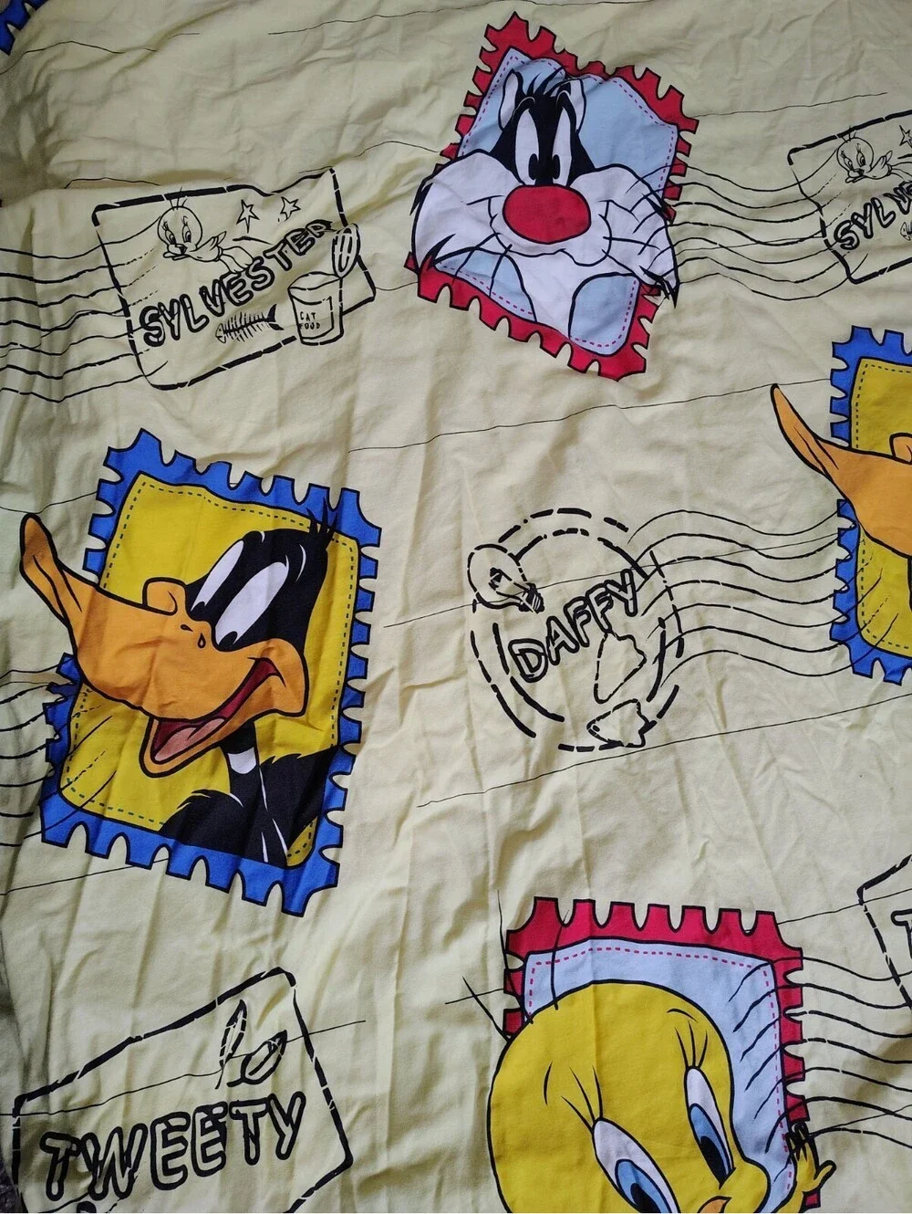 Vtg 90s Looney Tunes Twin Comforter Airmail Postage Stamp Bugs Tweety Daffy